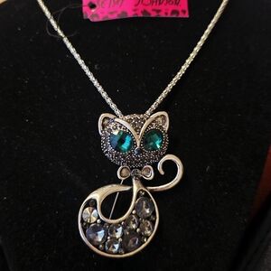 Betsey Johnson Silver Cat Necklace with Green Accents